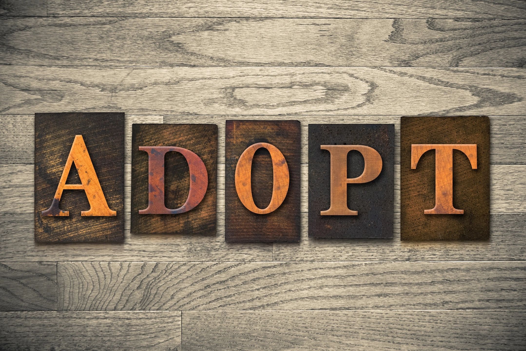 Wooden letter tiles spelling ADOPT
